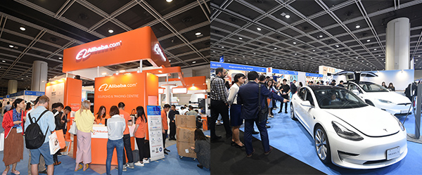 左圖:阿里巴巴國際站展館。右圖:Tesla電動車 左圖:阿里巴巴國際站展館。右圖:Tesla電動車